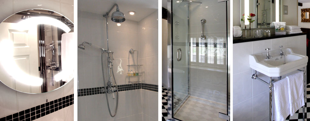 Montage of the en-suite bathroom, showing walk-in shower room, showing the mirror, the shower head, the glass shower door, and the basin.